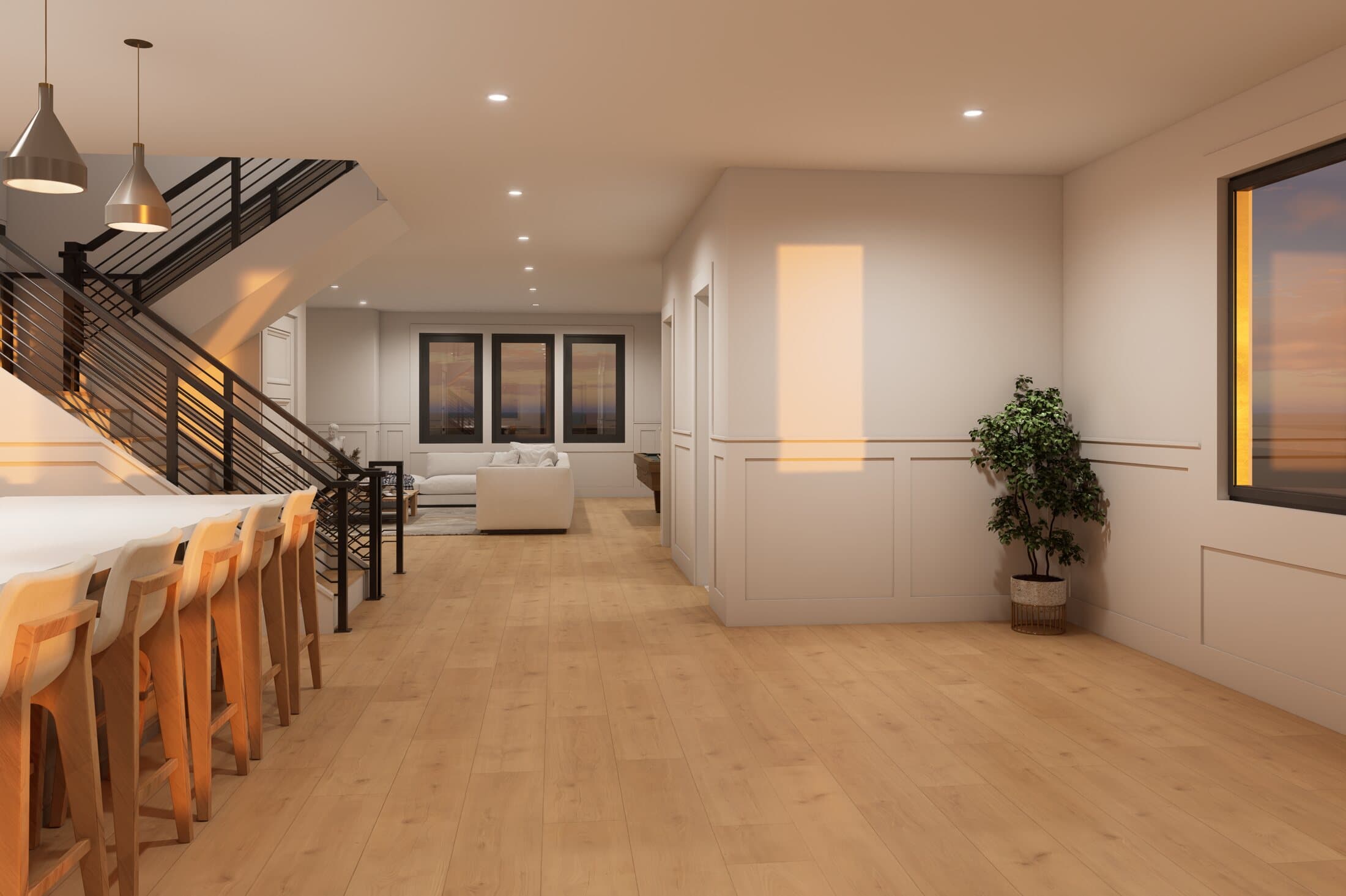 Open-concept kitchen and staircase sightline on the first floor