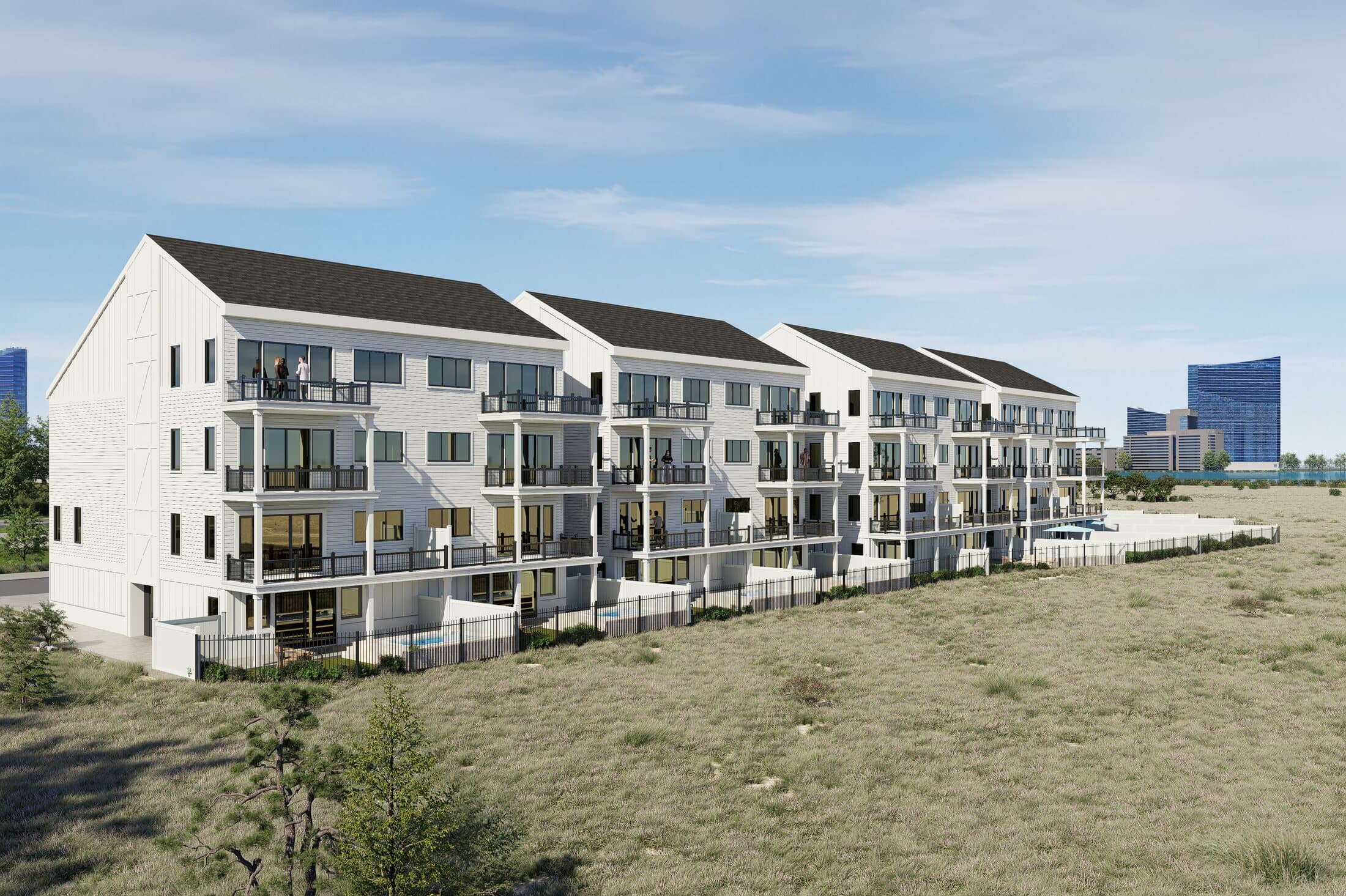 The bay side of the Sunset Point townhomes, with decks on three levels