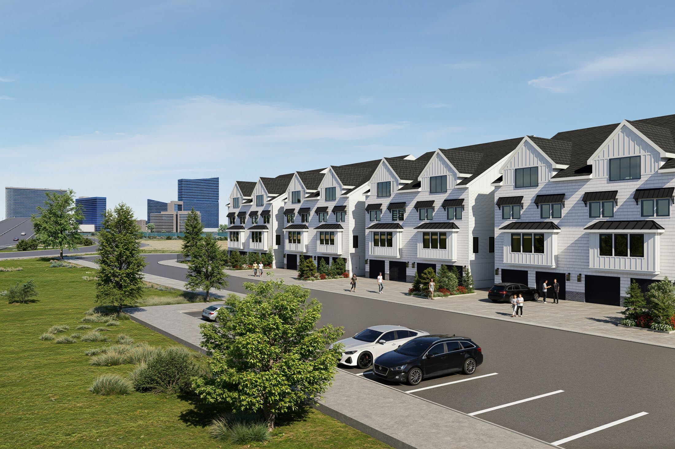 Sunset Point Townhomes seen from Vista Mar Court, with the Atlantic City skyline beyond