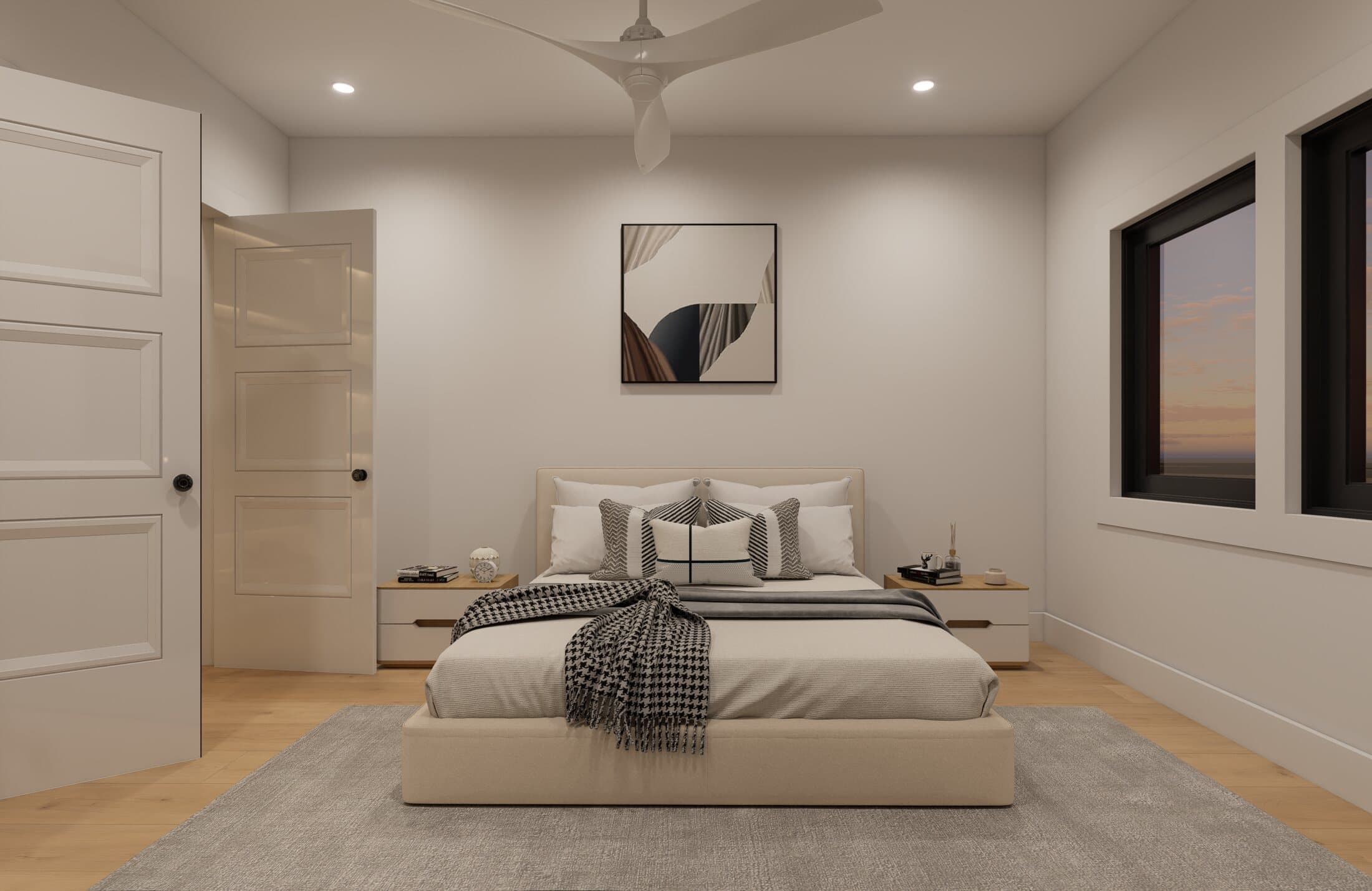 Junior suite bedroom with a walk-in closet door and bay-side windows
