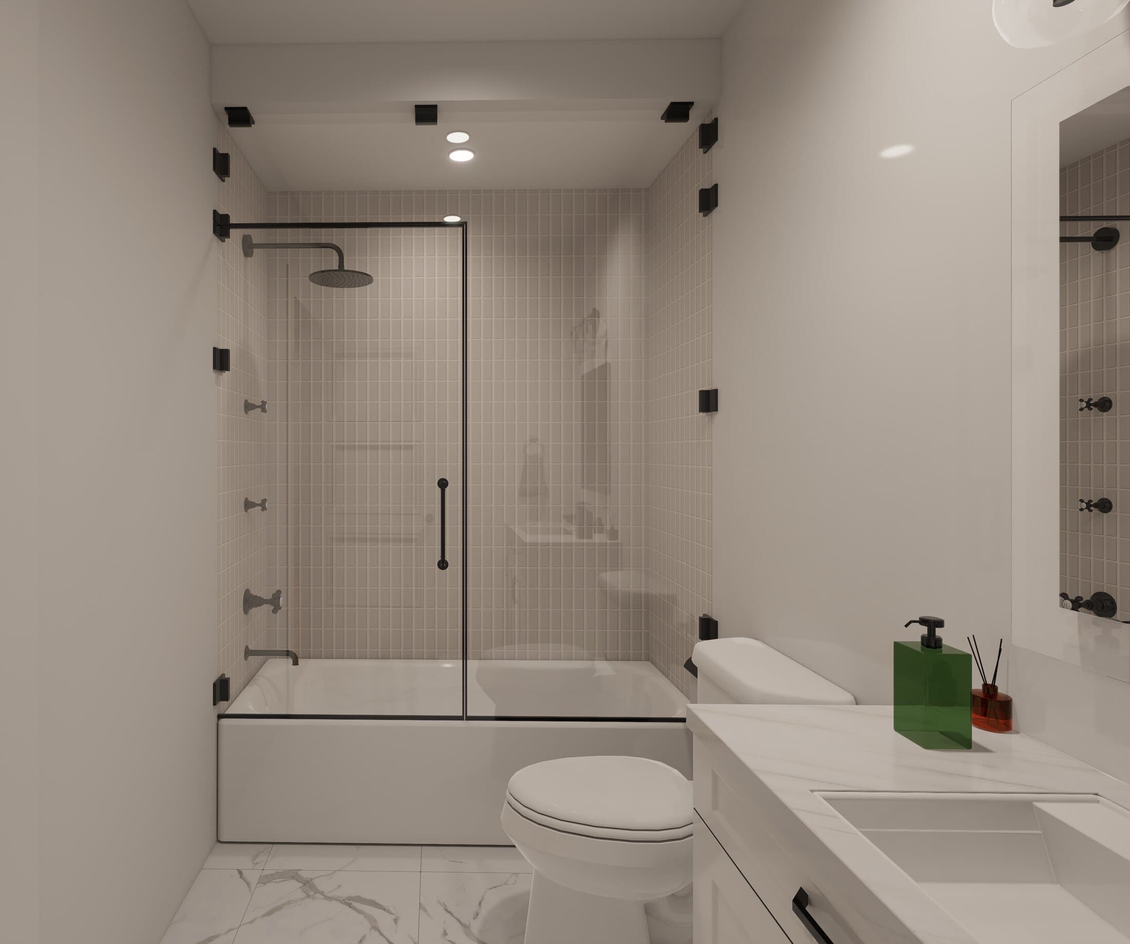 Primary bath with a soaking tub and glass shower enclosure