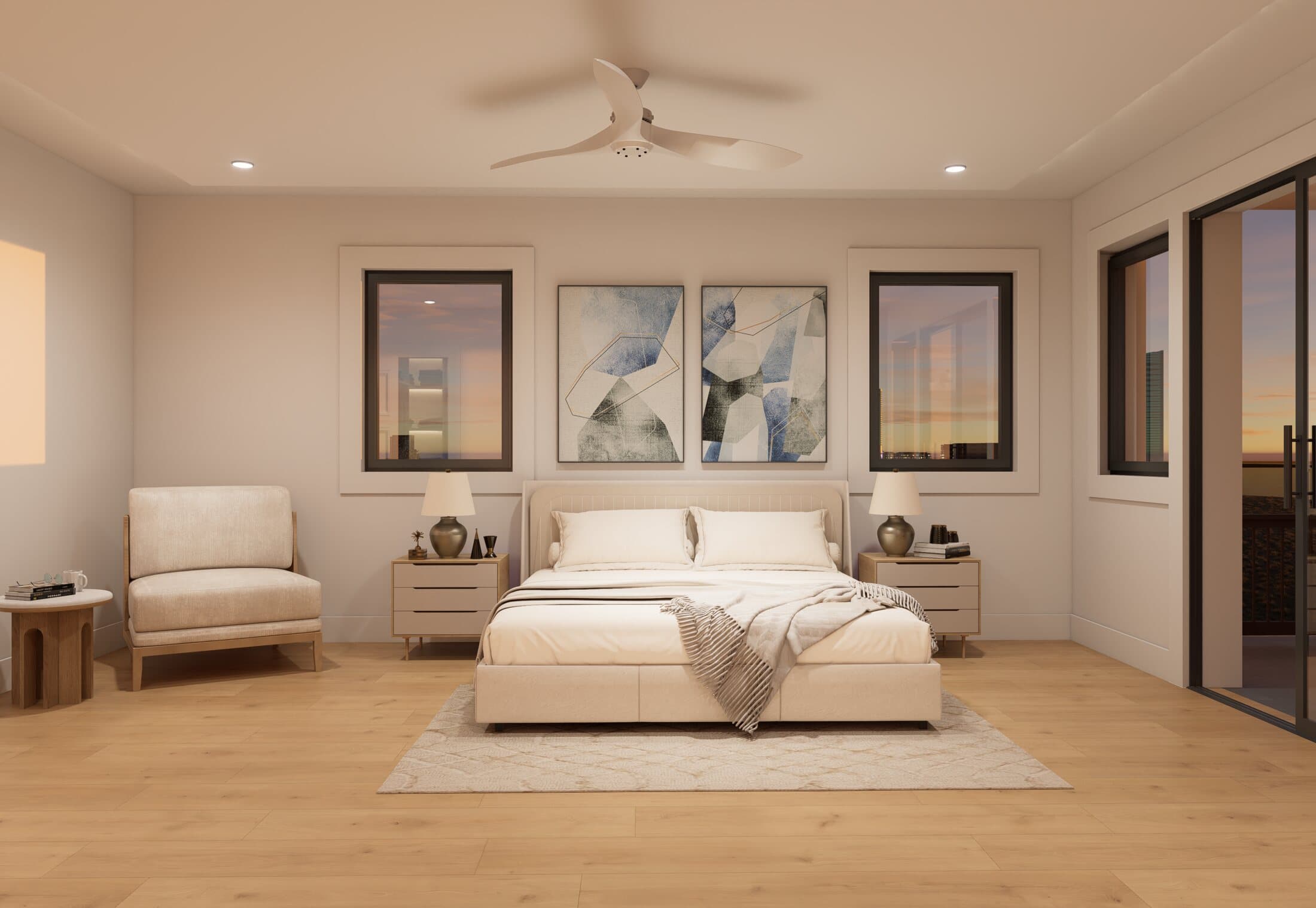 Primary suite bedroom with light oak flooring and a sliding door to the deck