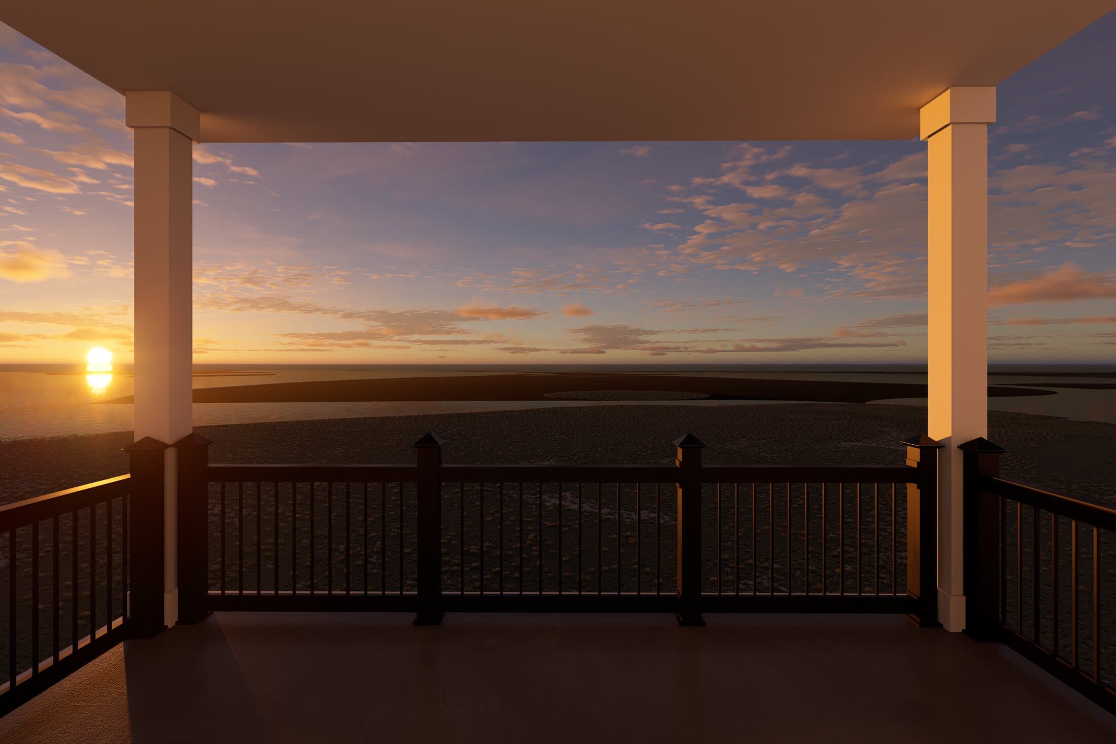 Sunset over the bay from a first-floor covered deck